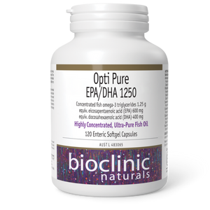 A Supplement container with the name Opti Pure EPA/DHA 1250 (120 soft gel caps) by Bioclinic Naturals.