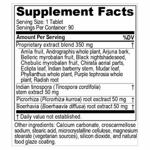 Supplement facts for Livit-2 90t listing ingredients including Amla, Andrographis paniculata, Arjuna, Barberry, Boerhavia Diffusa