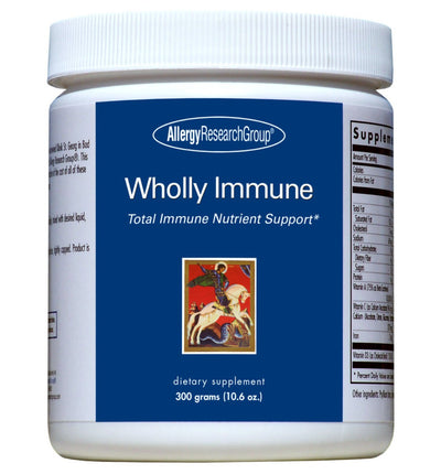 A supplement container with the lable Wholly Immune by Allergy Research Group