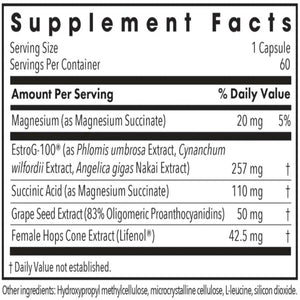 Ingredients: Magnesium, EstroG-100, Succinic Aid, Grape Seed Extract, Female Hops Cone Extract.