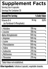 Image of supplement bottle featuring the table of content , L-Histidine, L-Leucine, Alpha-Ketoglucarate, L-Arganine, L-Lysine, L- Phenylalanine, L- Valine, L- Isoleucone, L-Methionine, L- Treonine