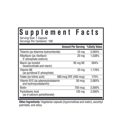 Test describing the ingredients: Thiamin, Riboflavin, Niacin, Vitamin B6, Folate, Vitamin B12. Biotin, Pantothenic Acid.
