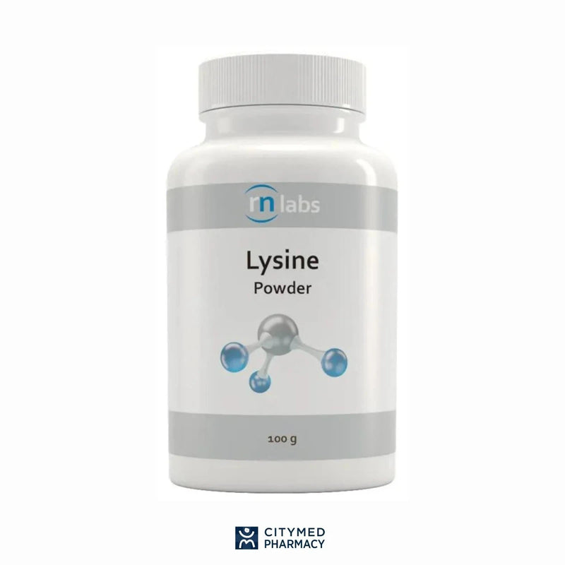 A Supplement container with the Name Lysine Powder by RN Labs.