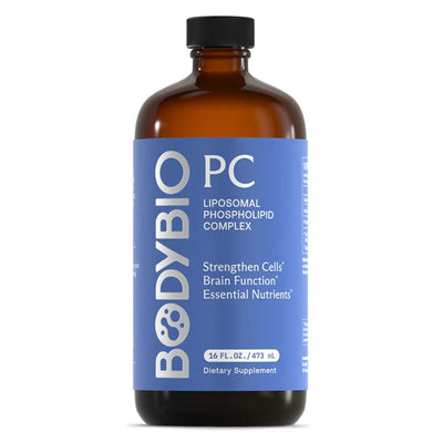 A Supplemen tbottle with the name PC Liposomal Phospholipid Complex (473 ml) by Body Bio.