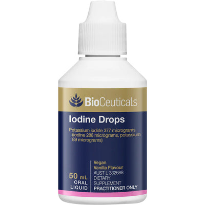 Bioceuticals logo, blue with gold band at the top 50ml dropper bottle, Iodine Drops, Vegan Vanilla flavour, oral liquid