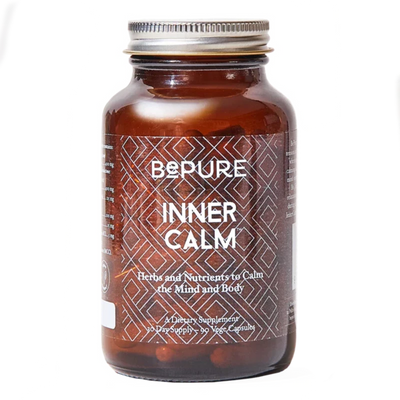 Image of a brown bottle that says be pure inner calm herbs and nutrients to calm the mind and body a dietary supplement 30 day supply - 90 vege capsules 