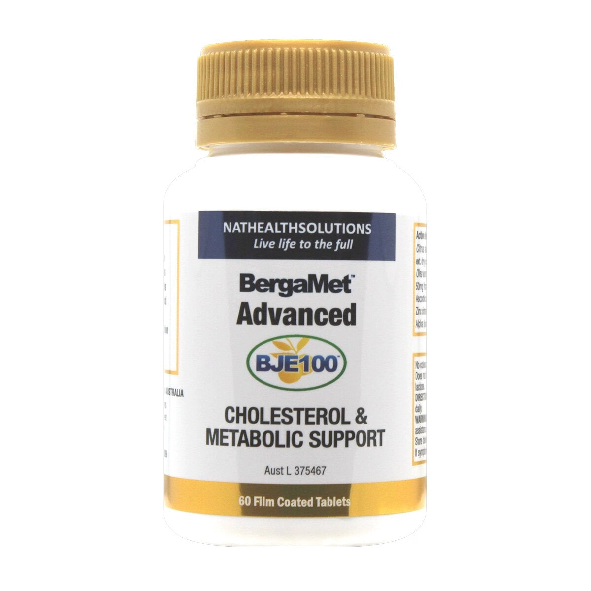 Image of a white supplement bottle that says natheathsoulutions live life to the full. Bergamet advanced cholesterol and metabolic support 60 film coated tablets 