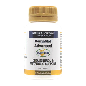 Image of a white supplement bottle that says natheathsoulutions live life to the full. Bergamet advanced cholesterol and metabolic support 60 film coated tablets 