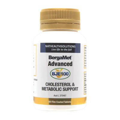 Image of a white supplement bottle that says natheathsoulutions live life to the full. Bergamet advanced cholesterol and metabolic support 60 film coated tablets 