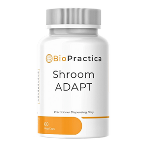 A Supplement container with the name ShroomADAPT by BioPractica.