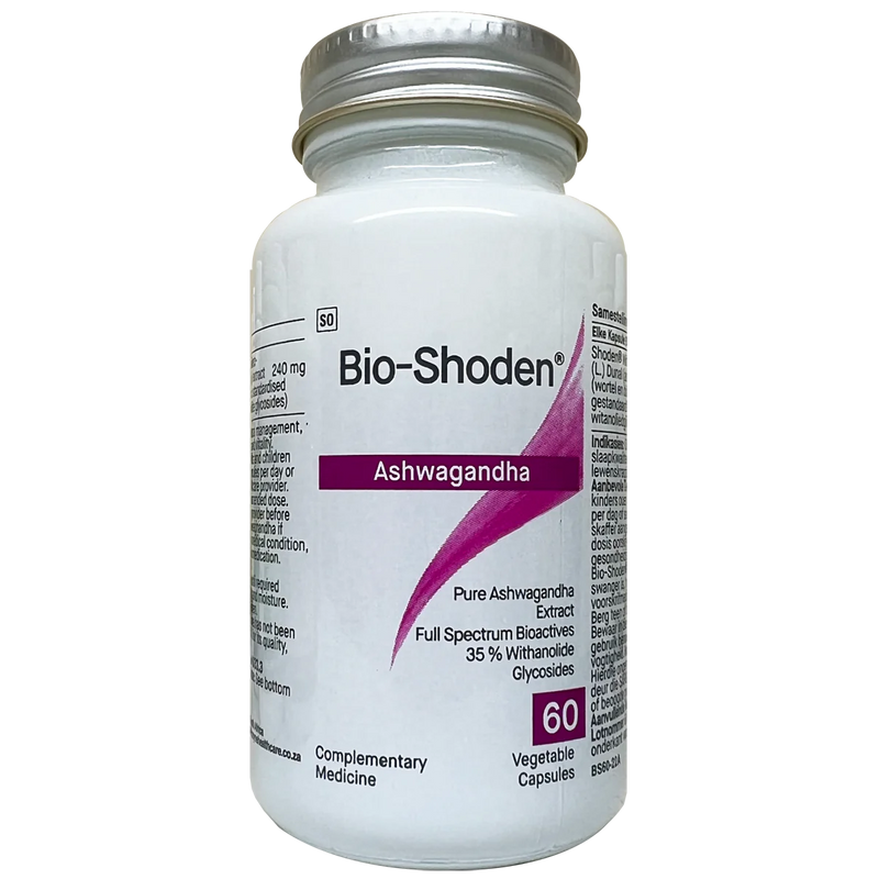 An image of a white bottle that says Bio-Shoden Ashwagandha Pure Ashwagandha extract full spectrum bioactives 35% withanolide glycosides 60 vegetable capsules 
