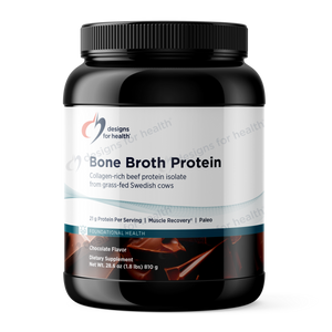 A Supplement  container with the name Bone Broth Protein (Chocolate) by Designs for Health USA.