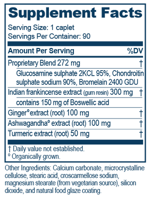 Text listing the ingredients including Glucosomine sulphate, Chondroitin Sulphate sodium, Bromelain, Indian Frankincense extract, Boswellic Acid, Ginger extract, Ashwagandha, Turmeric