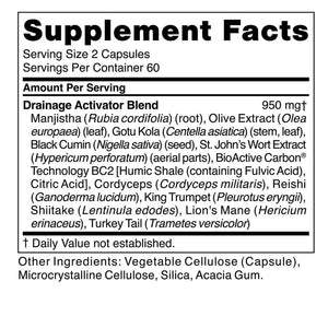 Supplement facts for Drainage Activator 120c listing ingredients including Black cumin, Centella Asiatica Gotu Kola, Citric Acid, Cordyceps, Cordyceps Militaris