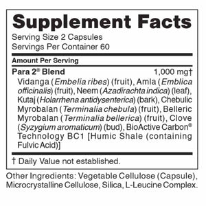 Ingredients: Vidanga (Embelia ribes) (fruit), Amls (Emblica officinalis) (fruit), Neem (Azadirachta indica) (Leaf), Kutaj (Holarrhena antidysenterica) (bark), Chebulic Myrobalan (Terminalia chebula) (fruit), Belleric Myrobalan (Terminalia bellerica) (fruit), Clove (Syzygium aromaticum) (bud), BioActive Carbon Technology BC1 (Humic Shale (containing Fulic cid).
