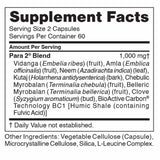 Ingredients: Vidanga (Embelia ribes) (fruit), Amls (Emblica officinalis) (fruit), Neem (Azadirachta indica) (Leaf), Kutaj (Holarrhena antidysenterica) (bark), Chebulic Myrobalan (Terminalia chebula) (fruit), Belleric Myrobalan (Terminalia bellerica) (fruit), Clove (Syzygium aromaticum) (bud), BioActive Carbon Technology BC1 (Humic Shale (containing Fulic cid).