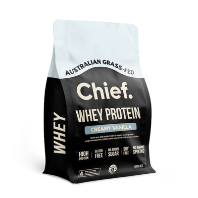 A Supplement pouch with the name Whey Protein (Creamy Vanilla) by Chief Nutrition.