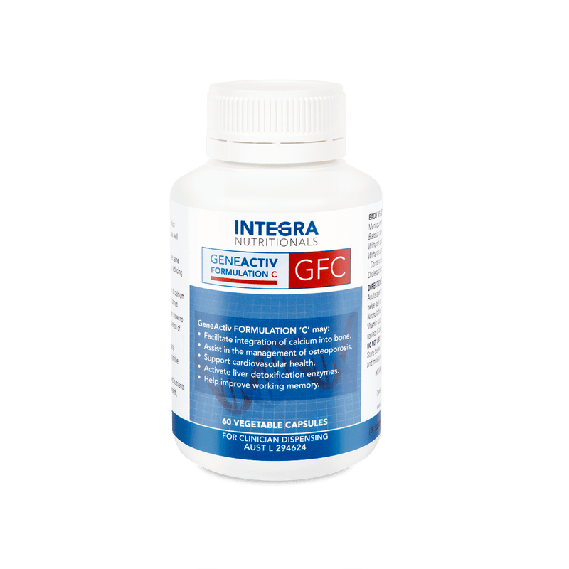 A Supplement container with the name GeneActiv Formulation C (GFC)  (60 Vege Caps) by Integra Nutritional.
