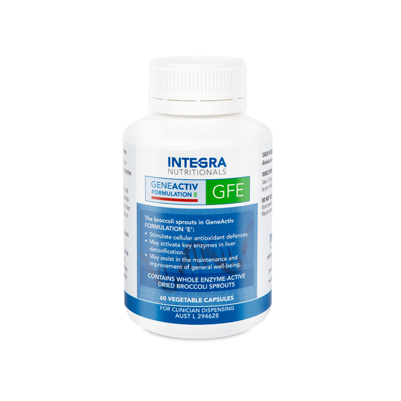 A Supplement container with the name GeneActiv Formulation E (GFE) (60 Vege Caps) by Integra Nutritionals.