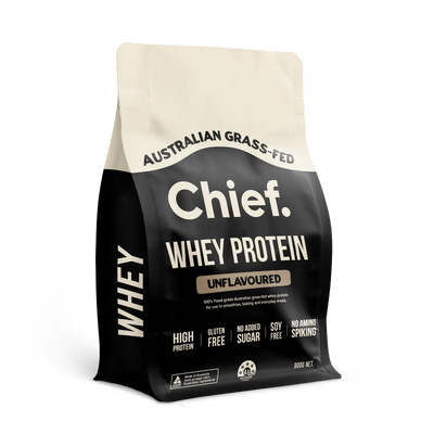 A Supplement pouch with the name Whey Protein (Unflavoured) by Chief Nutrition.