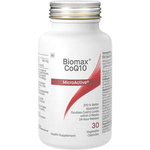 Image of white bottle that says biomax CoQ10 Microactive 370% better absorption doubles Coq0 levels within 3 weeks 24 hour release health supplement 30 vegetable capsules 