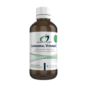 White supplement bottle that says designs for health liposomal vitamin C Sodium ascorbate 1.15g per 5ml supports immune system health 175ml oral liquid citrus sorbet flavour 