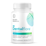 Image of a white bottle with the title Biocidin Botanicals, Dentalflora, Daily oral Probiotics, smile, Promotes healthy teeth and gums, dentist formulated dietary supplemnt 30 mint tablets 