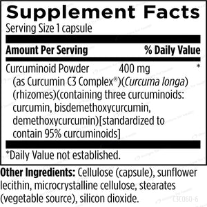 Text describing the ingredients: Curcuminoid Powder, Cellulose (capsule), sunflower lecithin, microcrystalline cellulose, stearates (vegetable source), silicion dioxide
