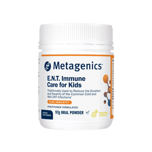 A Supplement container with the name E.N.T Immune Care for Kids by Metagenics.