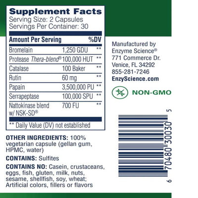 Ingredients: Bromelain, Protease Thera-blend, Catalase, Rutin, Papain, Serrapeptase, Nattokinase blend w/NSK-SD.