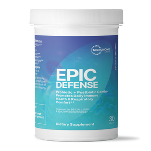 A Supplement container with the name Epic Defense by Microbiome Labs.