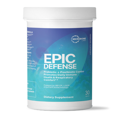 A Supplement container with the name Epic Defense by Microbiome Labs.