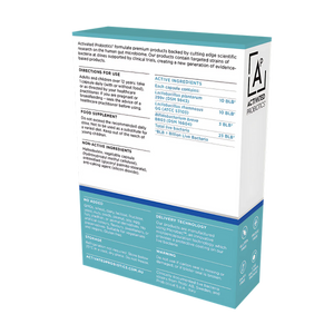 The back of a box of Activated Probiotics probiotics called Biome Relief, listing the ingredients and the instructions on how to use.