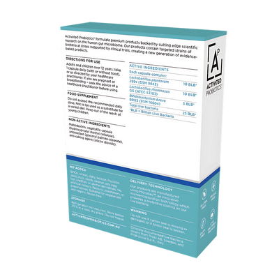 The back of a box of Activated Probiotics probiotics called Biome Relief, listing the ingredients and the instructions on how to use.