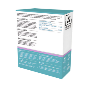 Back of a box of probiotics called Biome Soothe, listing the ingredients and instructions on how to use.