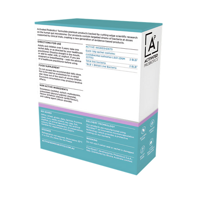 Back of a box of probiotics called Biome Soothe, listing the ingredients and instructions on how to use.