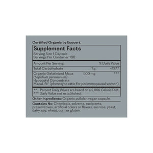 Ingredients: Organic Gelatinized Maca (Lepidium peruvianum), Maca-GO, MacaLife.