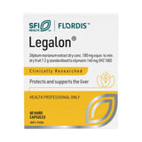 Image of a white supplement box which says SFI Health Legalon Silybum marianum extract dry conc. 180 mg equiv. to min. dry fruit 7.2g standardised to silymarin 140mg (MZ 180) Clinically researched protects and supports the liver health professional only 60 hard capsules 