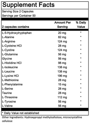 Text describing the ingredients: L-5_ Hydroxytryptophan, L-Alanine, L-Arginine, L-Cysteine HCI, L-Glutamine, Glycine, L-Histidine HCI, L-Isoleucine, L-Lysine HCI, L-Methionine, L-Phenylalanine, L-Serine, Taurine, L-Threonine, L-Tyrosine, L-Valine.