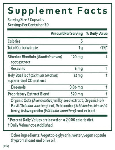 Ingredients: Siberian Rhodiola rosea, Rosavins, Holy Basil leaf, Eugenols.