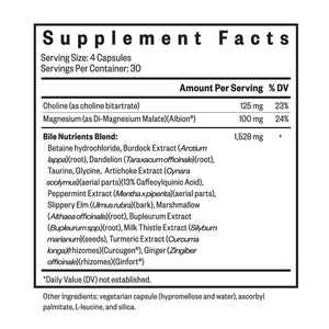 Ingredients including Choline Bitartrate, Magnesium, Di-Magnesium Malate, Albion, Betaine Hydrochloride, Burdock Extract, Arctium Lappa root, Dandelion, Taraxacumofficinale root, Taurine, Glycine, Artichoke Extract, Cynara scolymus aerial parts, Caffeoylquinic Acid, Peppermint Extract, Menthaxpiperita aerial parts, Slippery Elm, Ulmus rubra bark, Marshmallow, Althaea officinalis root, Bupleurum Extract, Bupleurum spp. root, Milk Thistle Extract, Silybum marianum seeds, Turmeric Extract, Curcuma longa.
