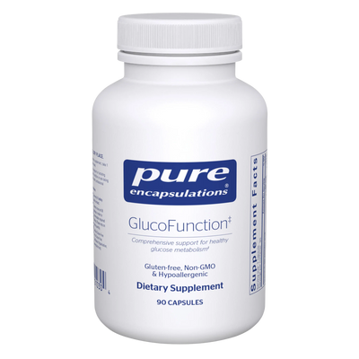 A Supplement container with the name GlucoFunction by Pure Encapsulations.