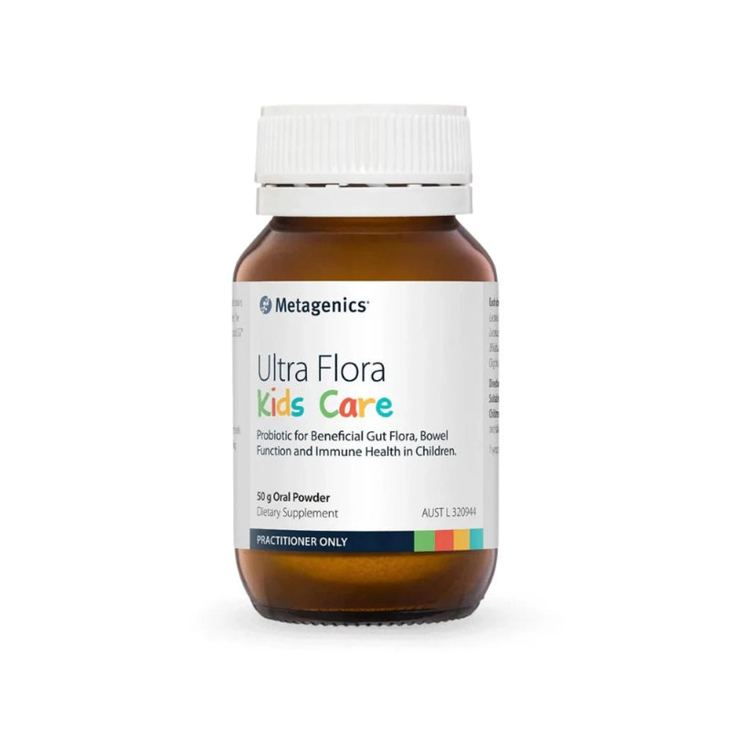 A Supplement container with the name Ultra Flora Kids Care (Formally know as Ultra Flora Care for Kids) 