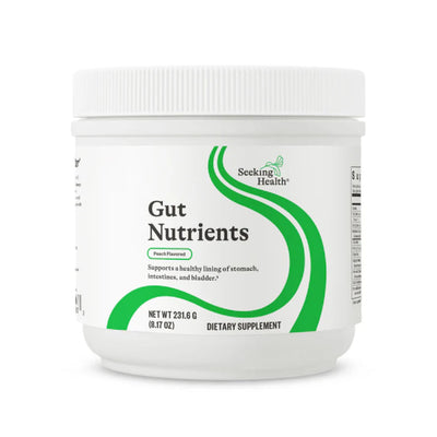 A Supplement container with the name Gut Nutrients by Seeking Health.