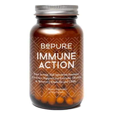 A Supplement container with the name Immune Action by Be Pure.