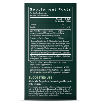 The back of the box listing the ingredients including Saw Pamletto, Sereno repens, Berry supercritical Co2 exctract, Stinging Nettle, Green tea, White sage, Pumpkin seed oil, Pomegranate seed oil, Rosemary 