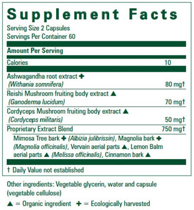 Text listing the ingredients including Ashwaganda root, Withania somnifera, Reishi Mushroom, Ganoderma lucidum, Cordyceps Mushroom, Cordyceps mlitaris, Mimosa tree bark, Albizia julibrissin, magnolia bark, Mangolia officinalis, Vervain aerial parts, Lemon Balm, Melissa officinalis, Cinnamin bark.