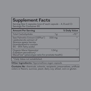 Ingredients: Saw Palmetto Extract, Organic Maca Hypocotyl