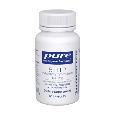 A Supplement container with the name 5-HTP ( 5-hydroxytrptophan) 100mg by Pure Encapsulations.