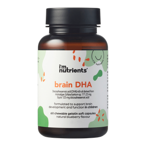 A Supplement container with the name Brain DHA (60 Caps) by I'm Nutrients.